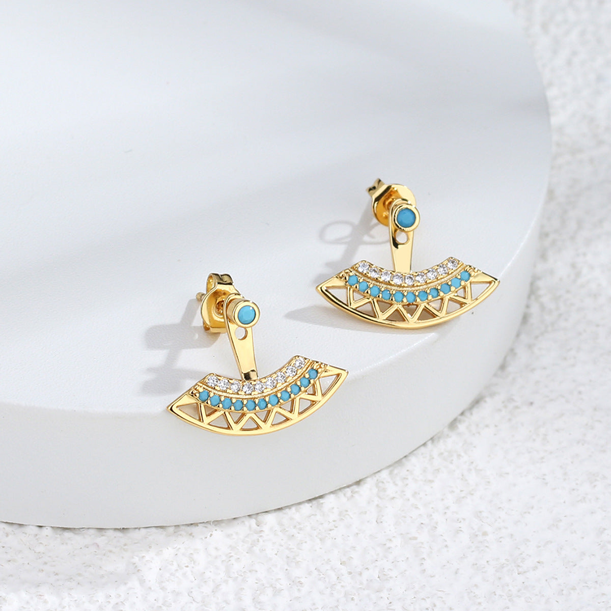 E0317 Bohemian Style Front and Back Split Earrings Geometric Hollow Fan-Shaped Blue Turquoise Earrings for Women