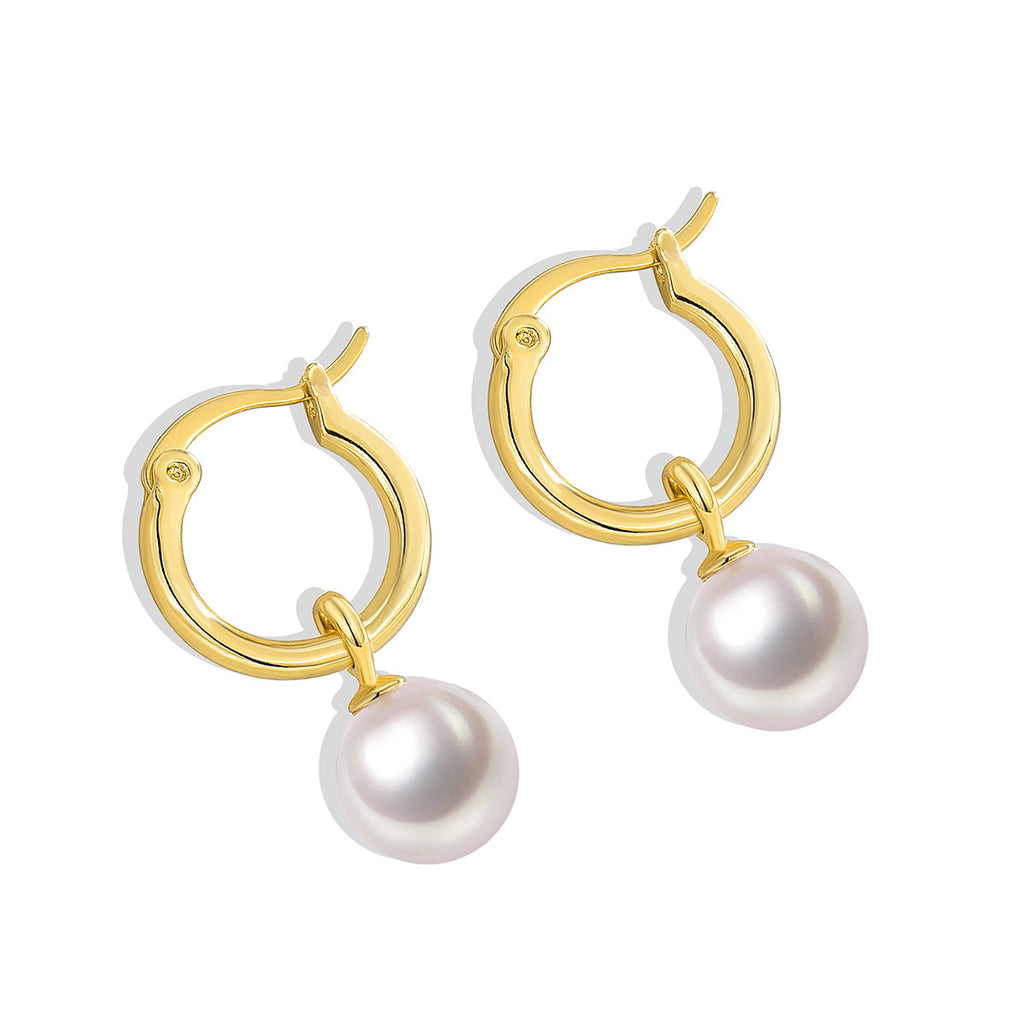 Gold-Plated Brass Shell Pearl Hoop Earrings with Minimalist Detail with gold-tone brass construction