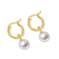 Gold-Plated Brass Shell Pearl Hoop Earrings with Minimalist Detail with gold-tone brass construction