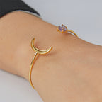 B0150 Korean Fresh Elegant Fashion Moon Shape Bracelet for Women Copper Plated with Real Gold Purple Stone Bangle