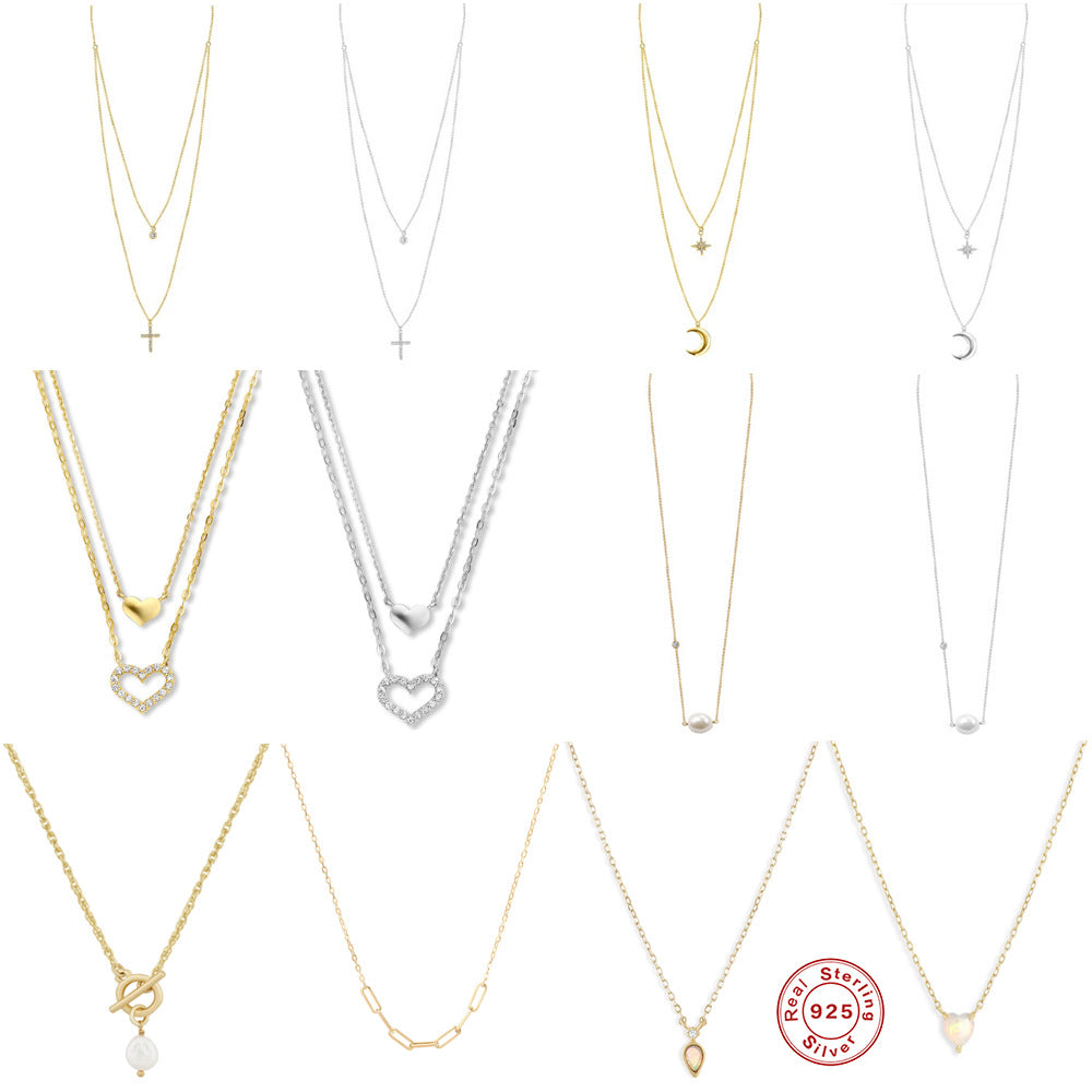 S925 Sterling Silver Dual Layer Cross Moon Necklace With Diamonds