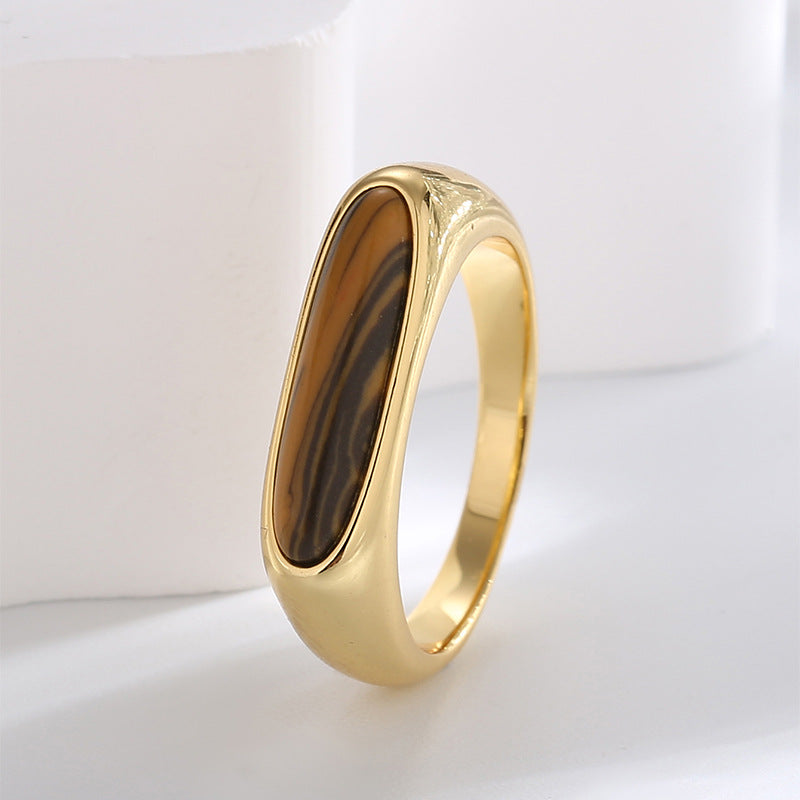 R0301 Simple Elegant Tiger Eye Stone Ring for Women Copper Plated with Real Gold Vintage Melad Ring