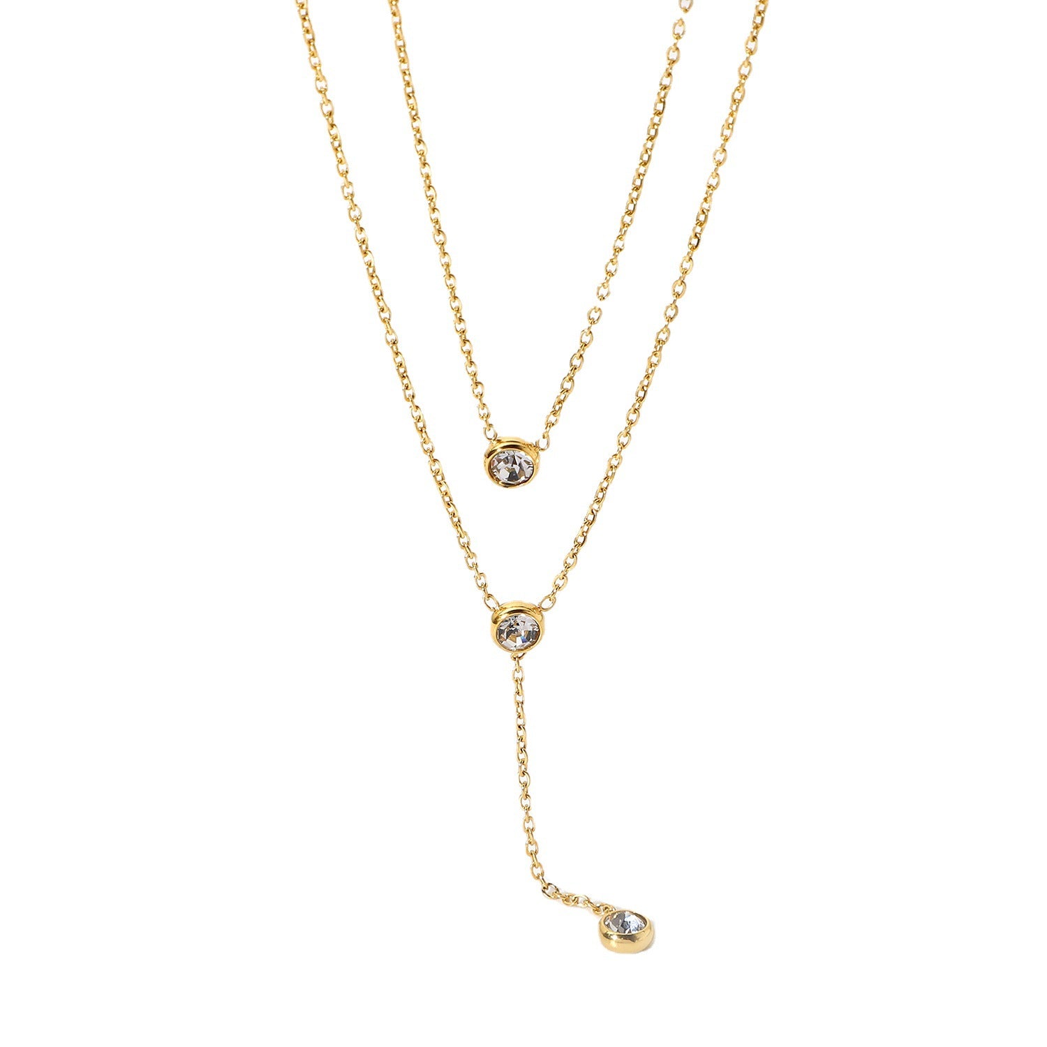 18K Gold Stainless Steel Y Exquisite Chain Jewelry Double Layer Shiny Water Drop Zircon Necklace for Women