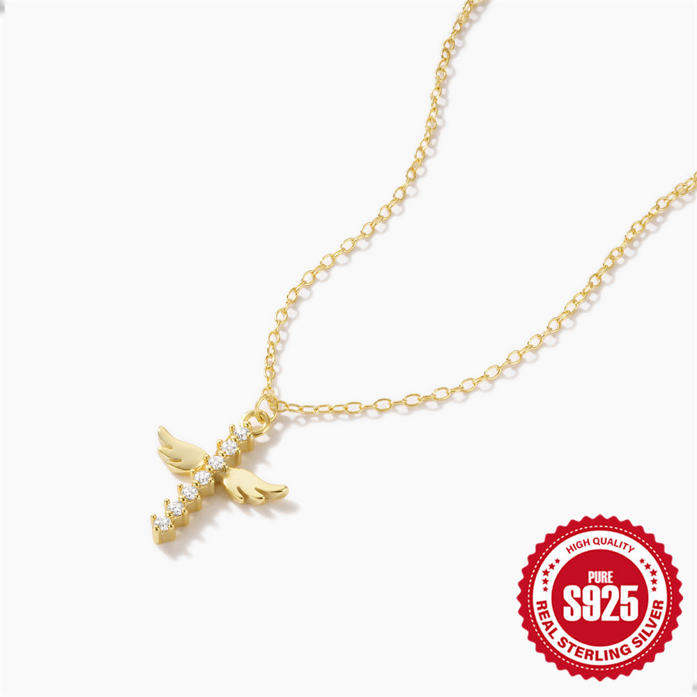 925 Sterling Silver Cross Diamond Necklace With Angel Wings Pendant