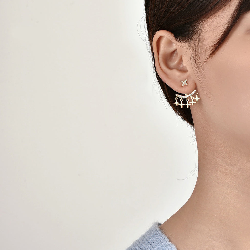 E0132 Korean Version Silver Needle Zircon Star Earrings for Women Trendy Fashion Stud Earrings One Pair Two Ways to Wear