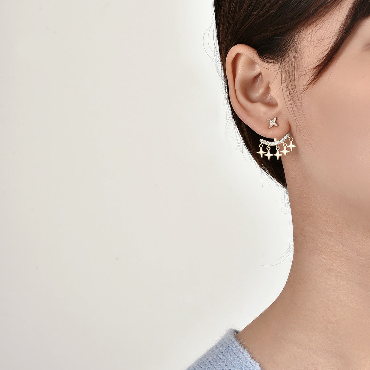 E0132 Korean Version Silver Needle Zircon Star Earrings for Women Trendy Fashion Stud Earrings One Pair Two Ways to Wear