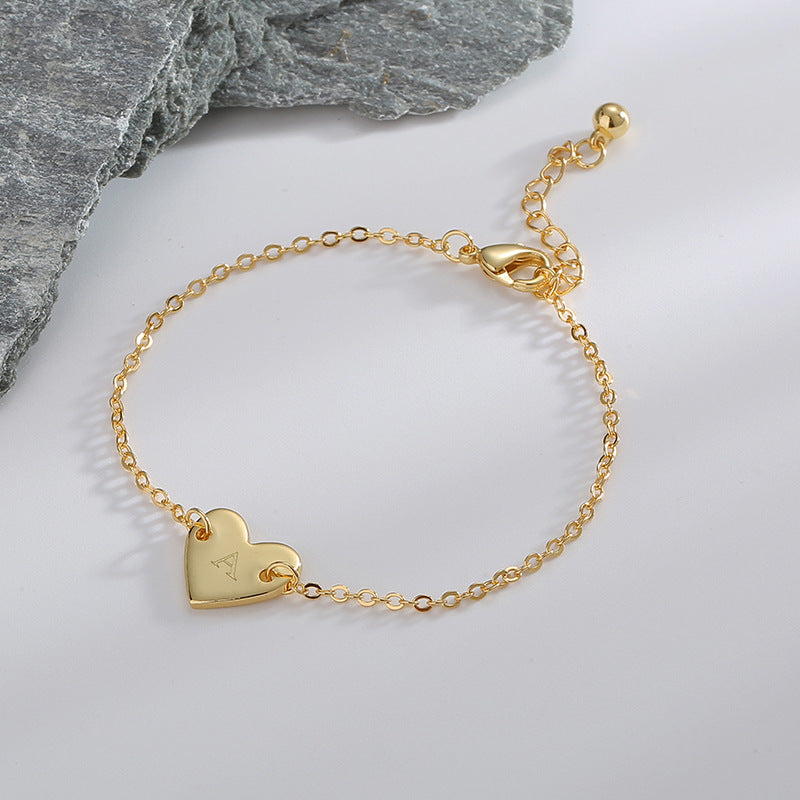 B0182  Korean Version Fashion Simple Heart-shaped Bracelet for Women gold Love Heart26Minimalist Letter Style