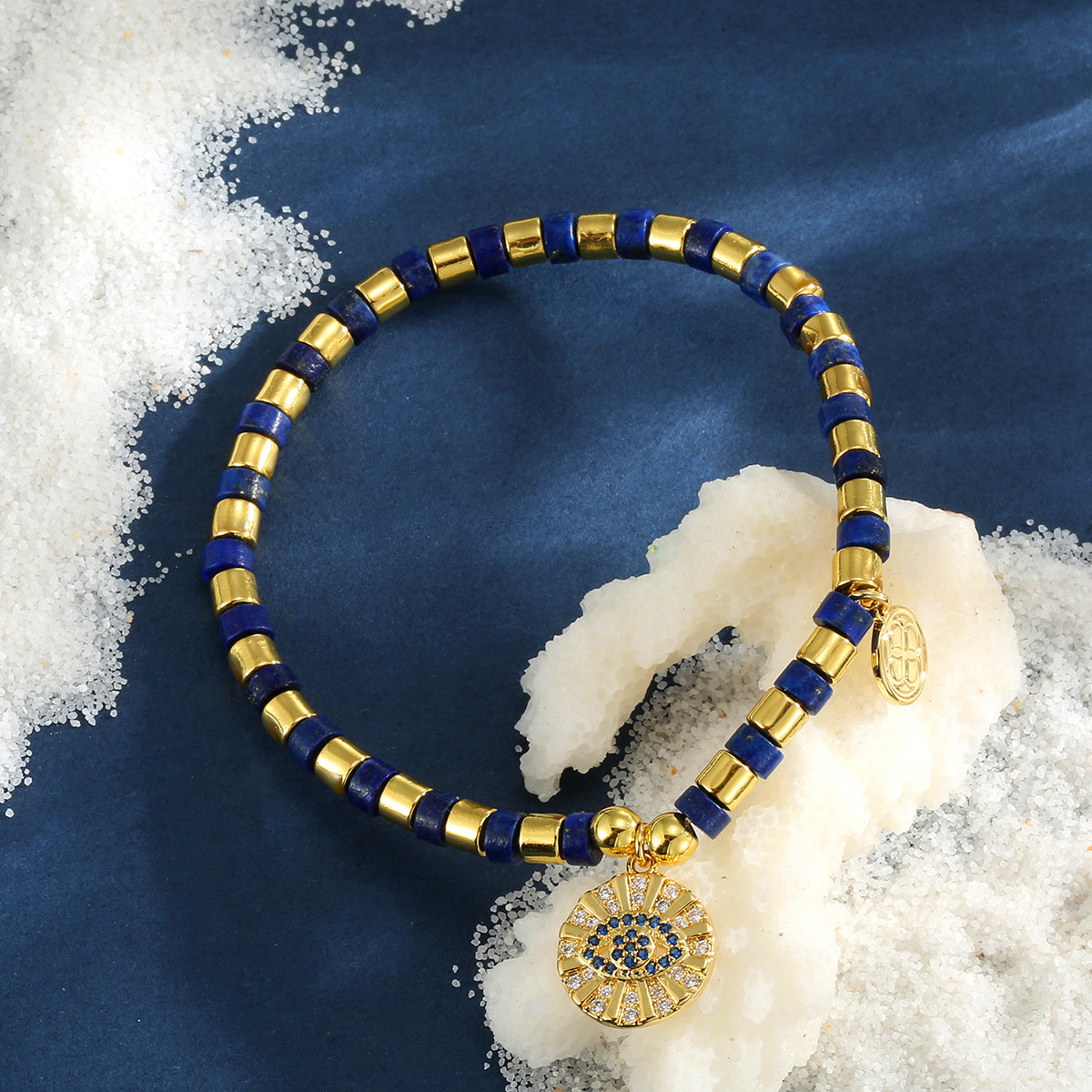 B0275 Vintage Demon Eye Inlaid Zircon Beaded Trendy Lapis Lazuli Bracelet Fashion