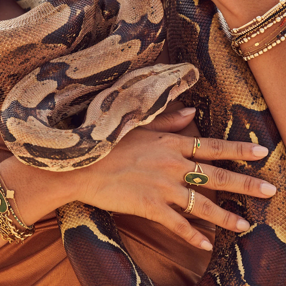 Vintage18K Gold Stainless Steel Natural African Jade Stone Open Ring Ring Jewelry