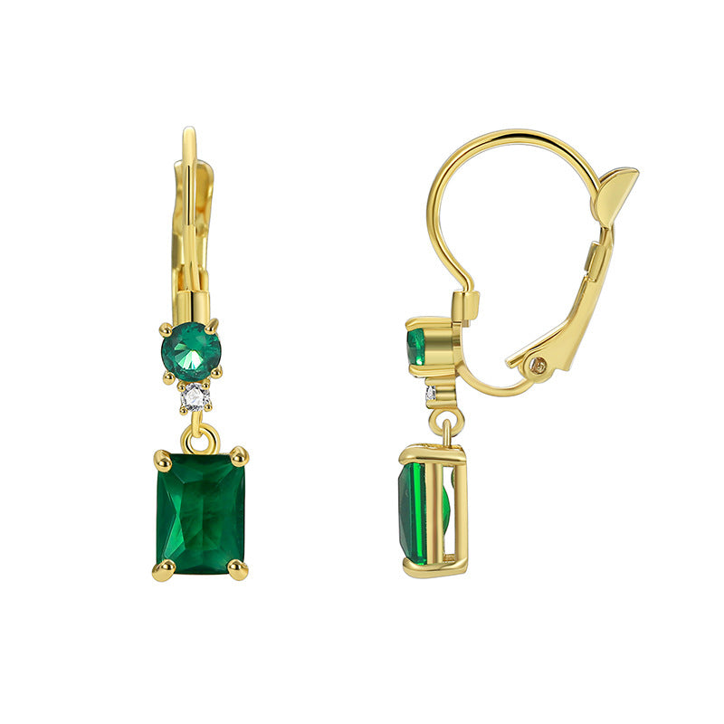 E0477 Design Sense Earrings for Women, Copper Gold-Plated Square Green Zircon Earrings