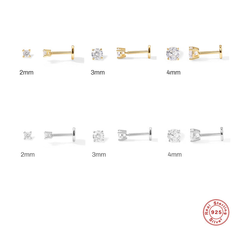 S925Sterling Silver Four-Prong Diamond-Studded Flat Head Threaded Piercing Cartilage Earrings Hot-Selling Classic Minimalist Ear Jewelry