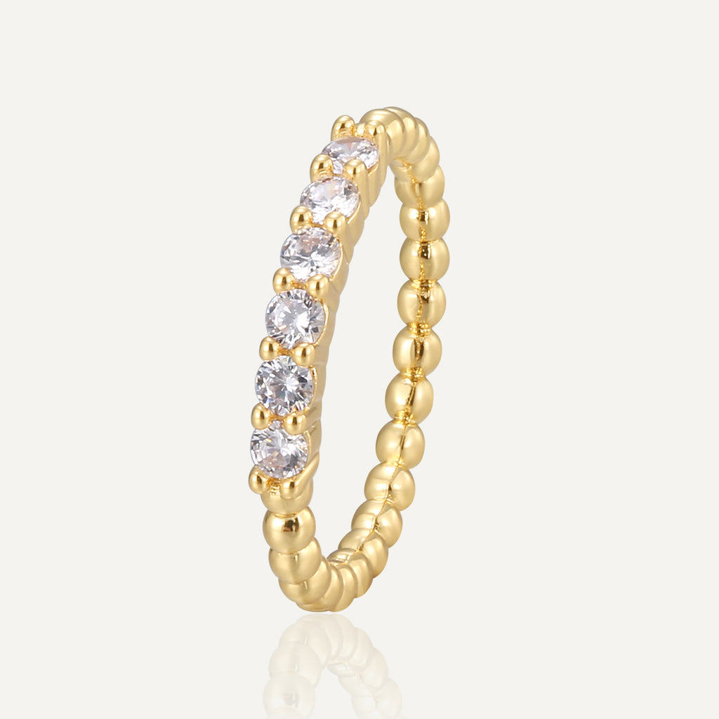 R0392 French-style Small Round Bead Design Gold-plated Ring for Women, Simple Micro-inlaid Zircon Ring