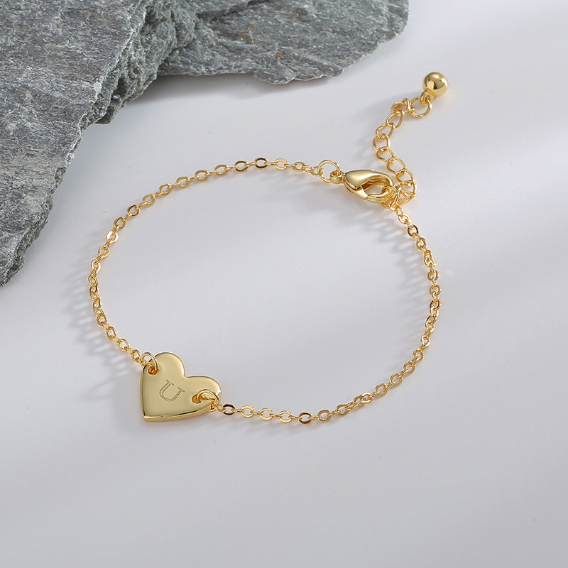 B0182  Korean Version Fashion Simple Heart-shaped Bracelet for Women gold Love Heart26Minimalist Letter Style