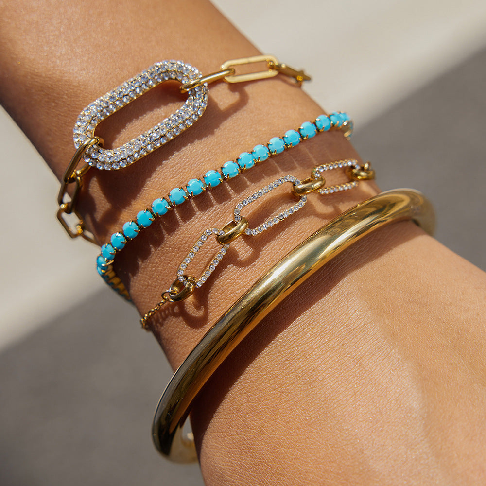 White Diamond Blue Turquoise Bracelet Jewelry Stainless Steel Jewelry Women