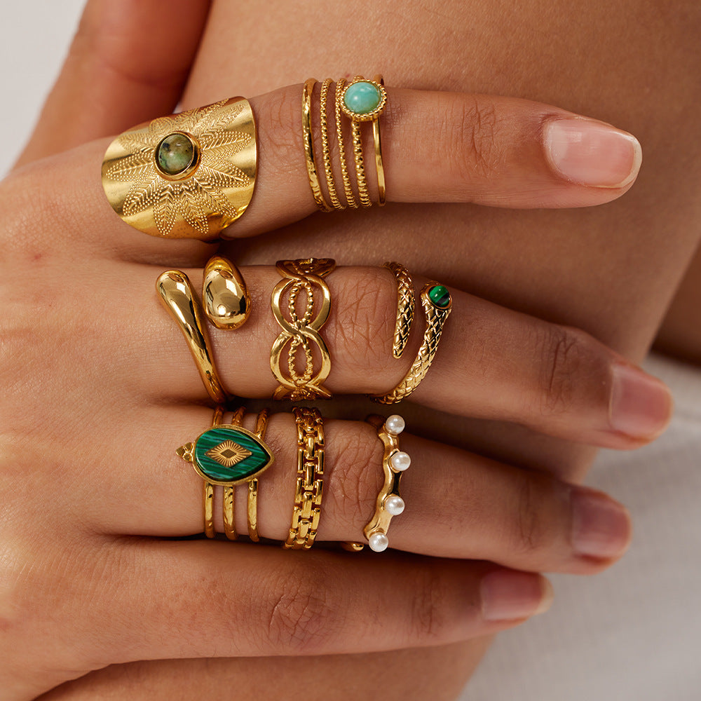 2H18K Gold-plated Stainless Steel French Design Natural Malachite Ring for Women, Non-fading Trendy Jewelry