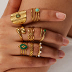 2H18K Gold-plated Stainless Steel French Design Natural Malachite Ring for Women, Non-fading Trendy Jewelry