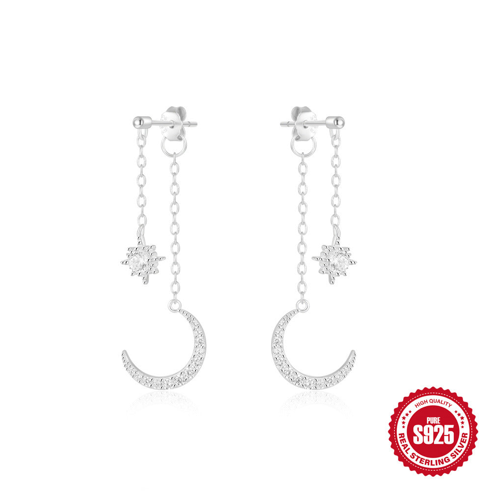 S925Sterling Silver Chain Tassel Star Moon Diamond Earrings Stud Earrings Korean Style Hot Selling Bright Silver Earrings
