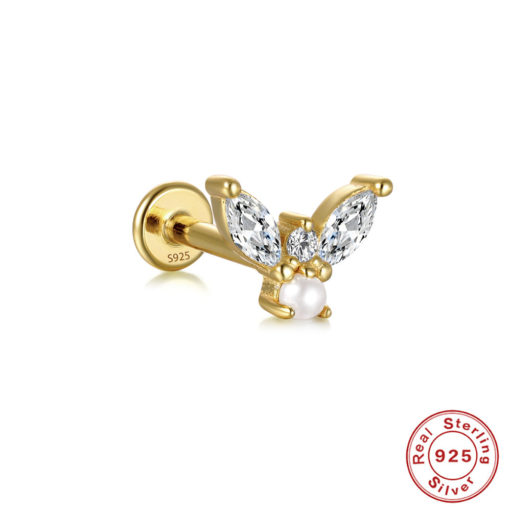 S925Sterling Silver Butterfly Inlaid Diamond Pearl Spiral Ear Cuff Hot Sale16G Flat Head Piercing Ear Cuff Jewelry