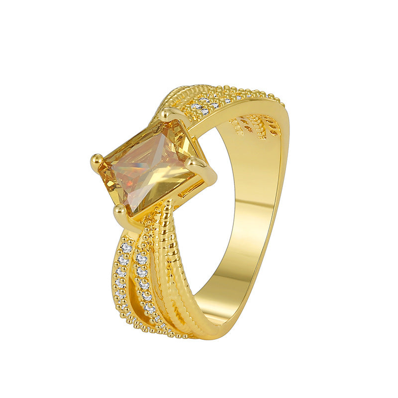 R0357 Fashionable Yellow Zircon Ring for Women, Brass Gold-Plated Simple Micro-Paved White Zircon Ring