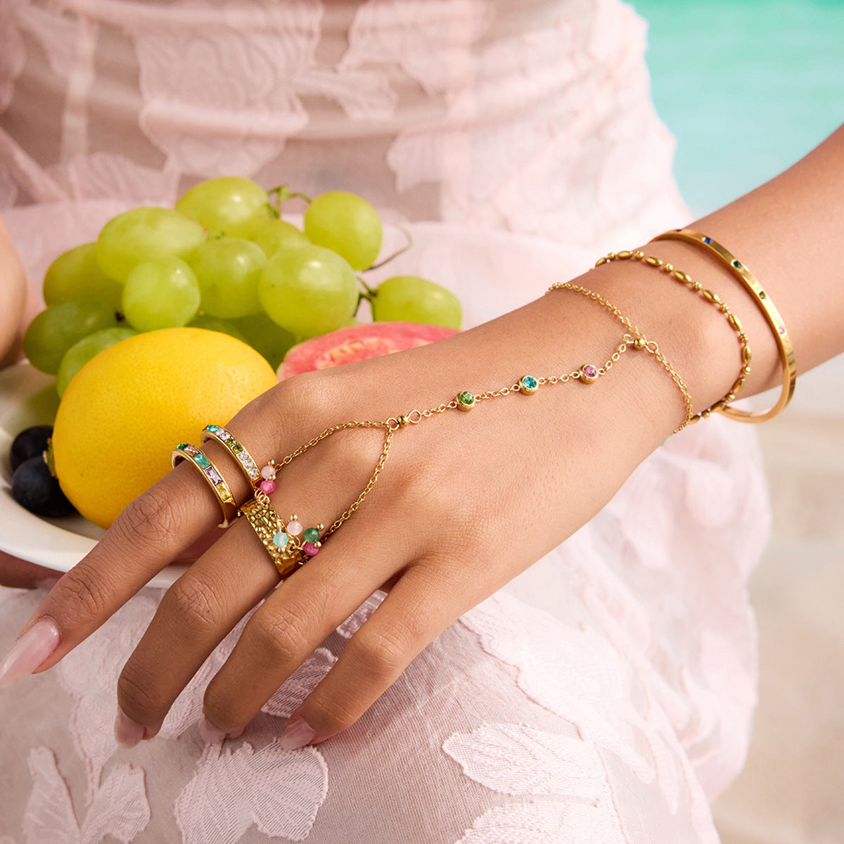 2H Stainless Steel Zircon Bracelet Ring Non-Fading Jewelry Women's Accessories