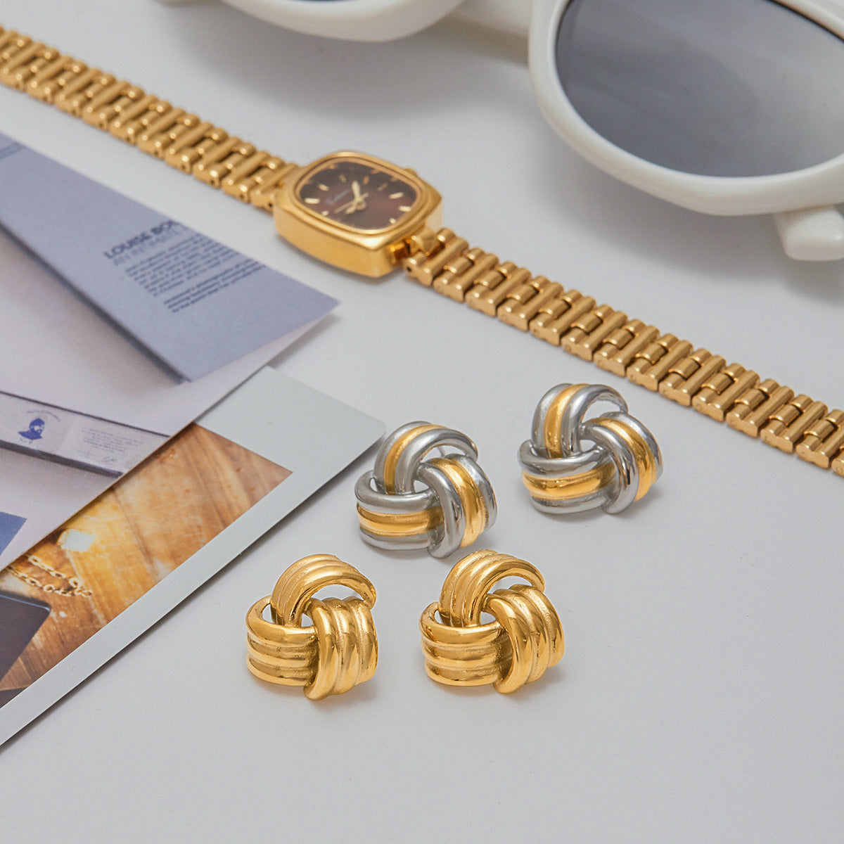 18K Gold Stainless Steel Threaded Color Block Earrings Non-Fading Jewelry