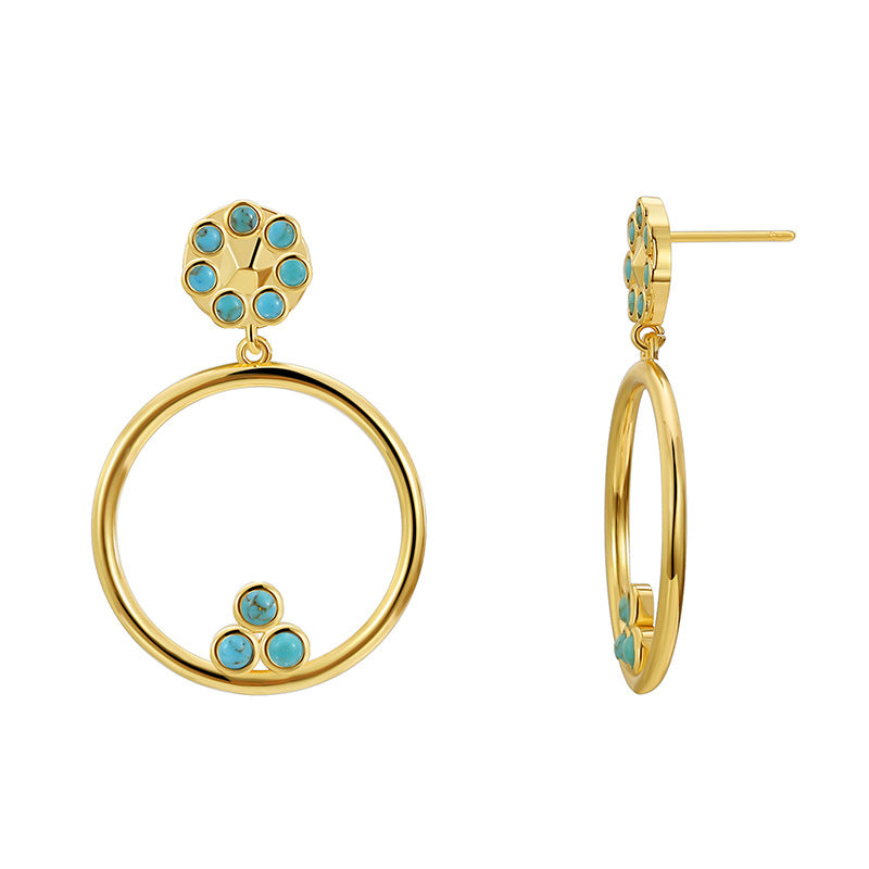 E0648 Korean Style Elegant Fashion Circle Earrings for Women Simple Retro Inlaid Blue Turquoise Hollow Earrings