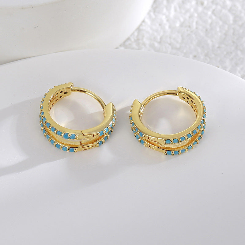 E0472 French Fashion Simple Versatile Blue Turquoise Round Double Layer Earrings for Women Copper Gold Plated Hoop Earrings