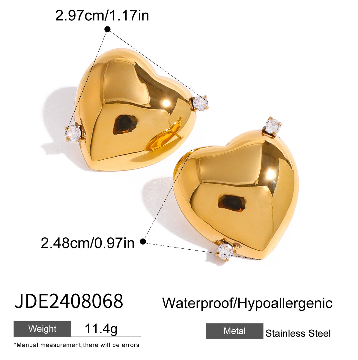 2H Stainless Steel Love Heart Stud Earrings Zircon Earrings Non-Fading Ear Jewelry