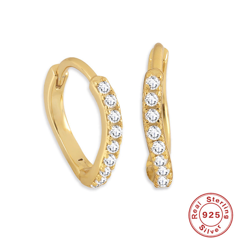 S925Sterling Silver Wave Heart-Shaped Diamond-Studded Earrings Ear Buckle Ear Hoop Japanese and Korean Ear Jewelry for Women