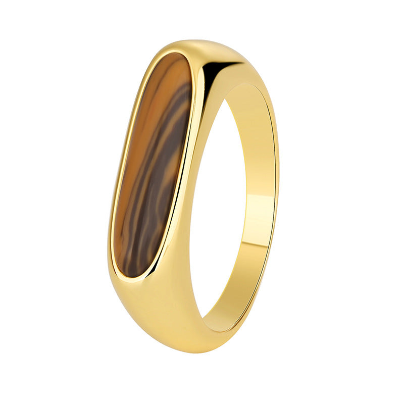 R0301 Simple Elegant Tiger Eye Stone Ring for Women Copper Plated with Real Gold Vintage Melad Ring