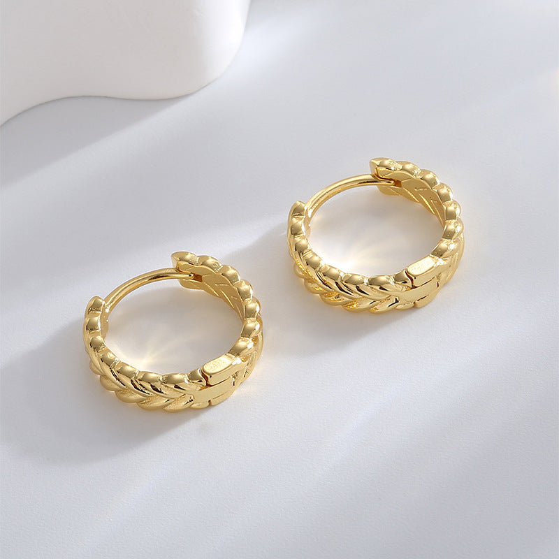 E0529 Simple Wheat Ear Earrings for Women, Brass Gold-Plated Fashionable Smooth Geometric Round Hoop Earrings