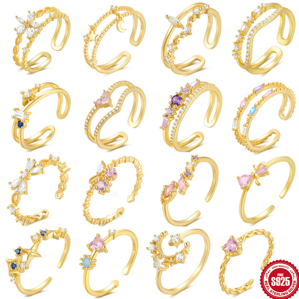 S925Sterling Silver Ring Micro Pave Colored Diamond Ring New Double Layer Design Sense Strong Open Ring