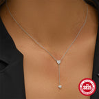 Sterling Silver Tassel Y Clavicle Necklace With Double Heart Diamonds