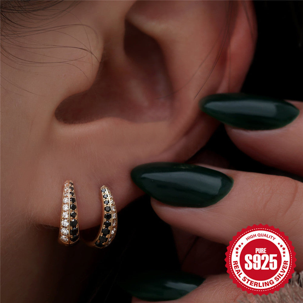 New925Sterling Silver Geometric Large and Small Diamond-Studded Hoop Earrings Classic Hot-Selling Minimalist Style Earrings