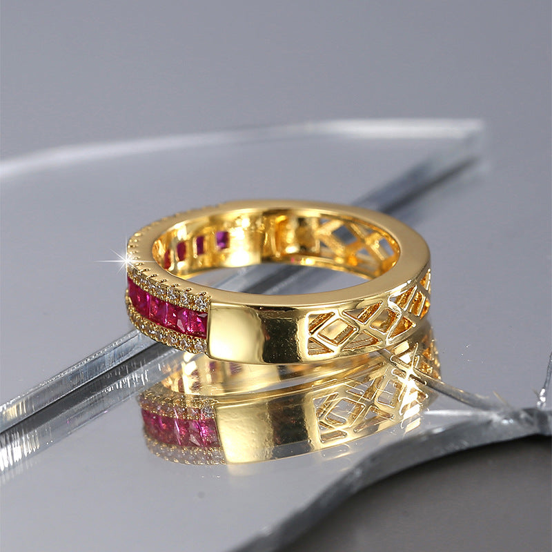 R0397 Hong Kong Fashion Couple Simple Single Row Red Zircon Ring for Women Copper Plated18K Golden Fashion