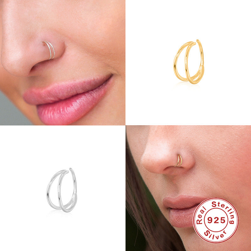 S925Sterling Silver Body Piercing Cartilage Jewelry Hot-Selling Double Ring Nose Ring Micro-Inlaid Ear Clip Earrings Ear Accessories