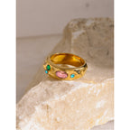 2H 18K Gold Stainless Steel Zircon Ring for Women Hammered Texture with Pink Zircon and Blue Green Zircon Ring