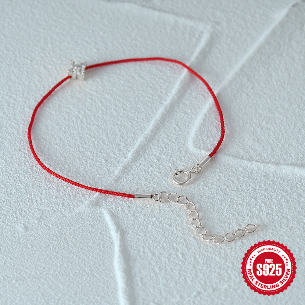 925 Sterling Silver Flower Inlaid Diamond Red Rope Bracelet For Women
