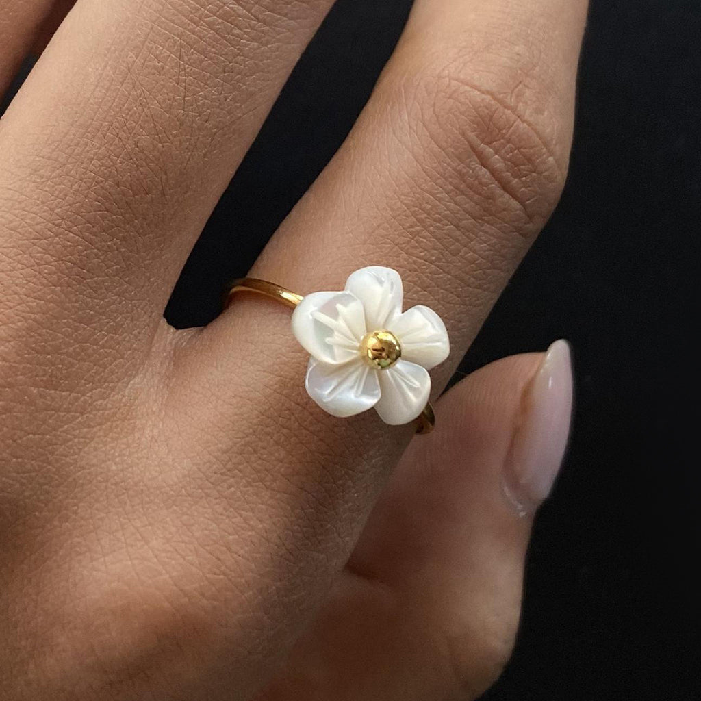 Floral Stainless Steel Ring in Gold-Tone with floral design details
