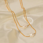 Freshwater Pearl Layered Stainless Steel Necklace in 18K Gold-Tone in a gold-tone stainless steel finish
