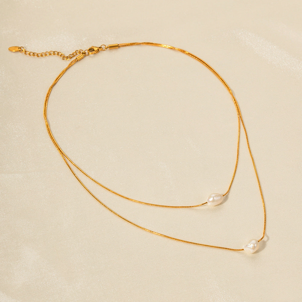 Freshwater Pearl Layered Stainless Steel Necklace in 18K Gold-Tone for private-label fashion jewelry buyers