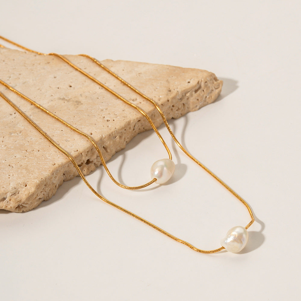 Freshwater Pearl Layered Stainless Steel Necklace in 18K Gold-Tone with gold-tone stainless steel construction