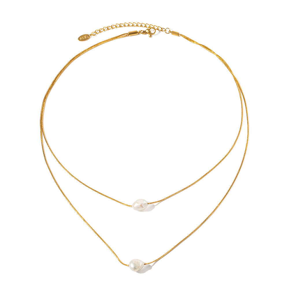 Freshwater Pearl Layered Stainless Steel Necklace in 18K Gold-Tone styled for independent jewelry boutiques
