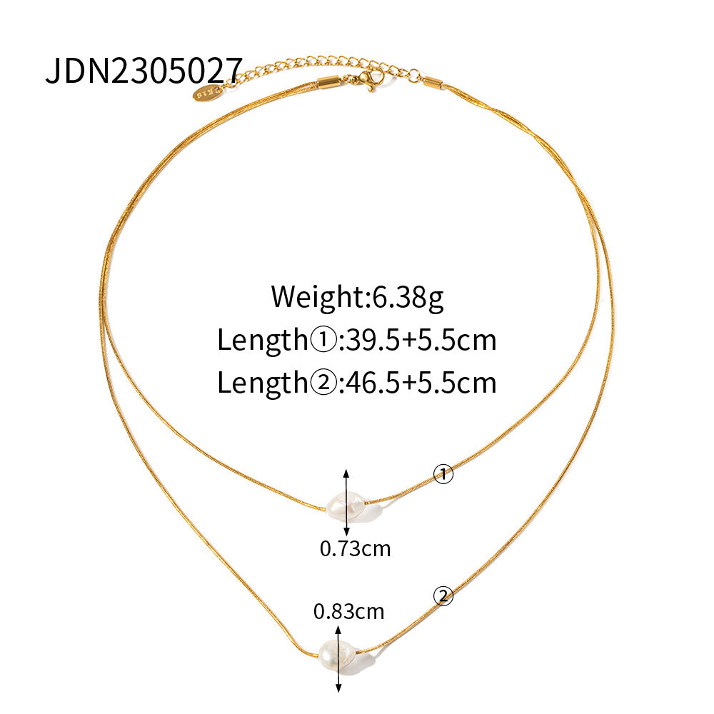Freshwater Pearl Layered Stainless Steel Necklace in 18K Gold-Tone with a layered design profile