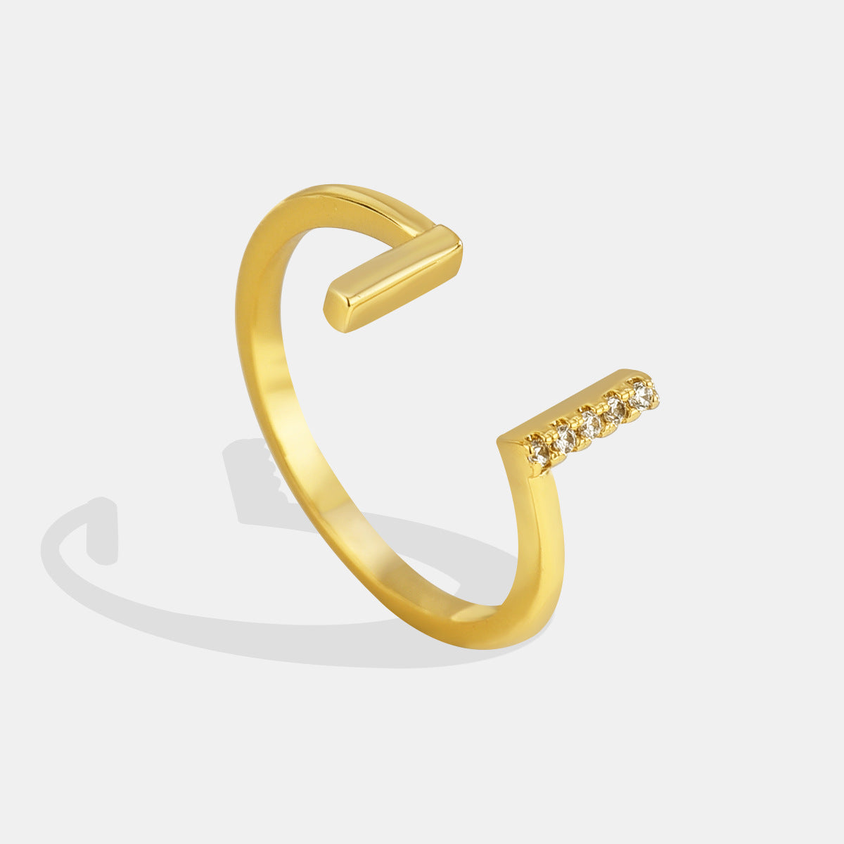 Gold-Plated Brass Double-T Layered CZ Adjustable Ring in a gold-tone brass finish