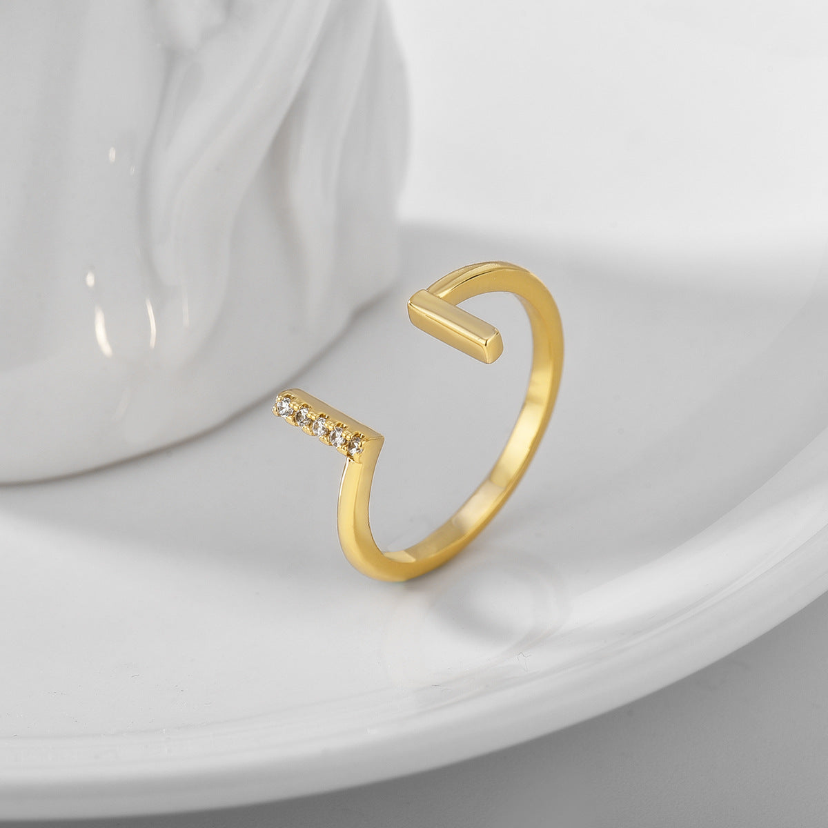 Gold-Plated Brass Double-T Layered CZ Adjustable Ring styled for independent jewelry boutiques