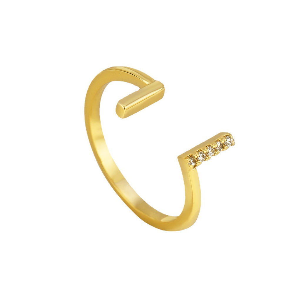 Gold-Plated Brass Double-T Layered CZ Adjustable Ring with a layered design profile