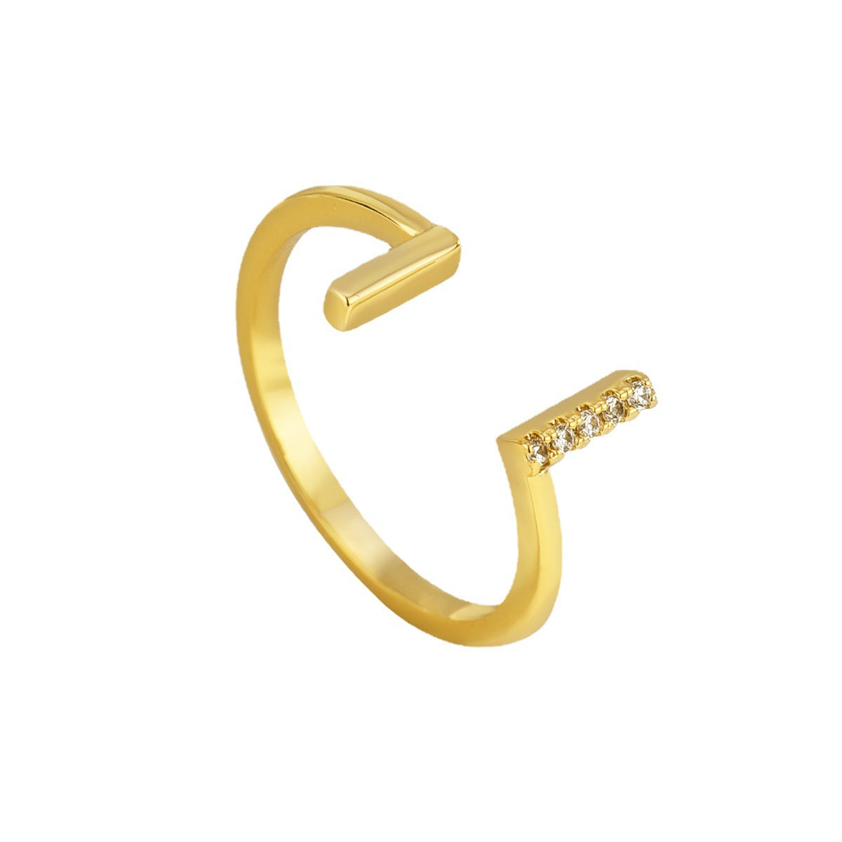 Gold-Plated Brass Double-T Layered CZ Adjustable Ring with a layered design profile
