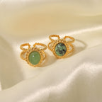 Gold-Plated Brass Vintage-Inspired Stone Adjustable Ring with gold-tone brass construction