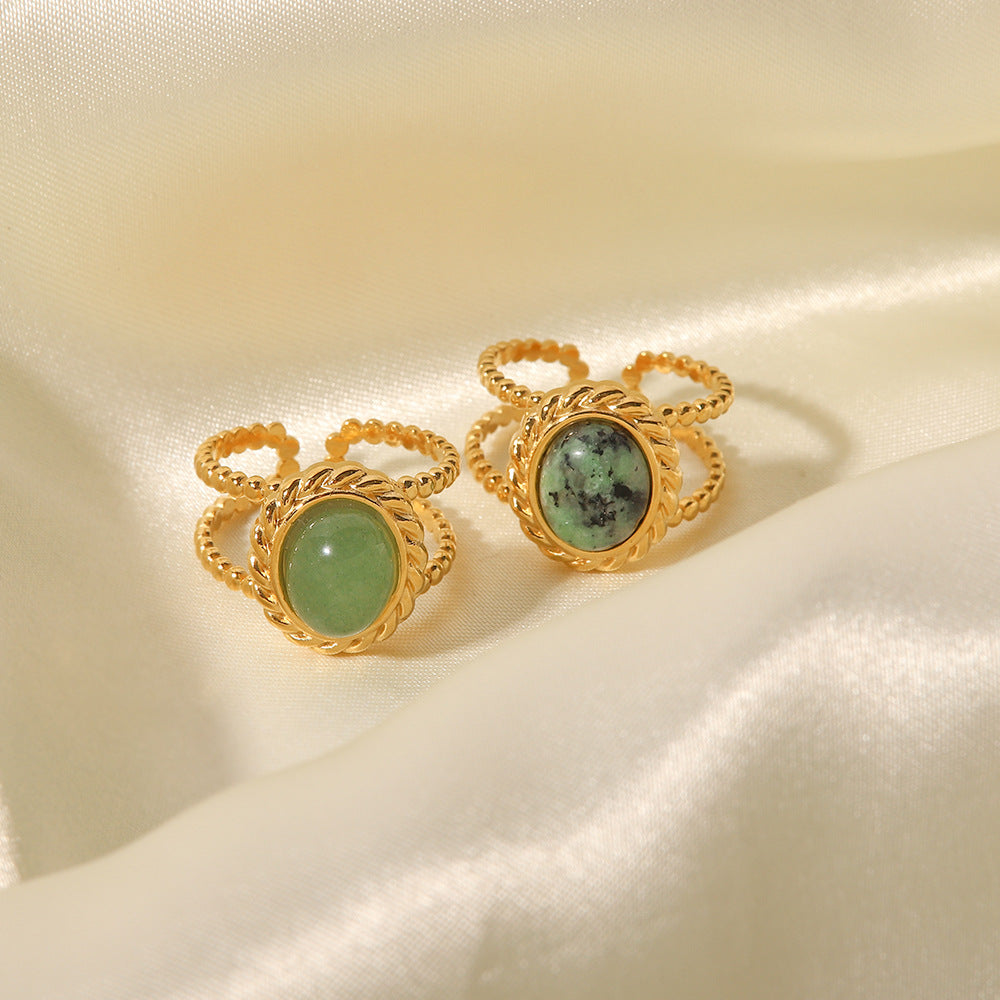 Gold-Plated Brass Vintage-Inspired Stone Adjustable Ring with gold-tone brass construction